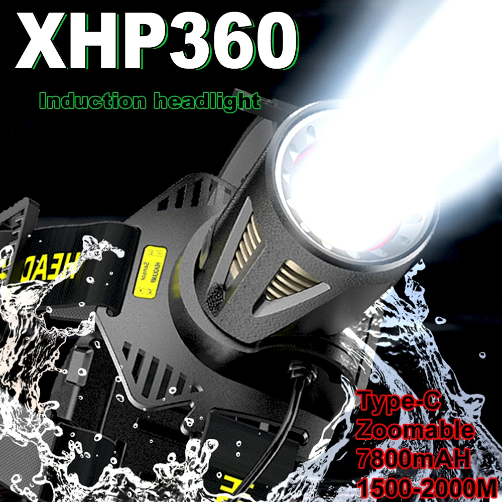 

XHP360 Led Headlamp 18650 Rechargeable Torch Usb-c Powerful Tactical Flash Light Zoomable Hunting Lantern Waterproof Hand Light