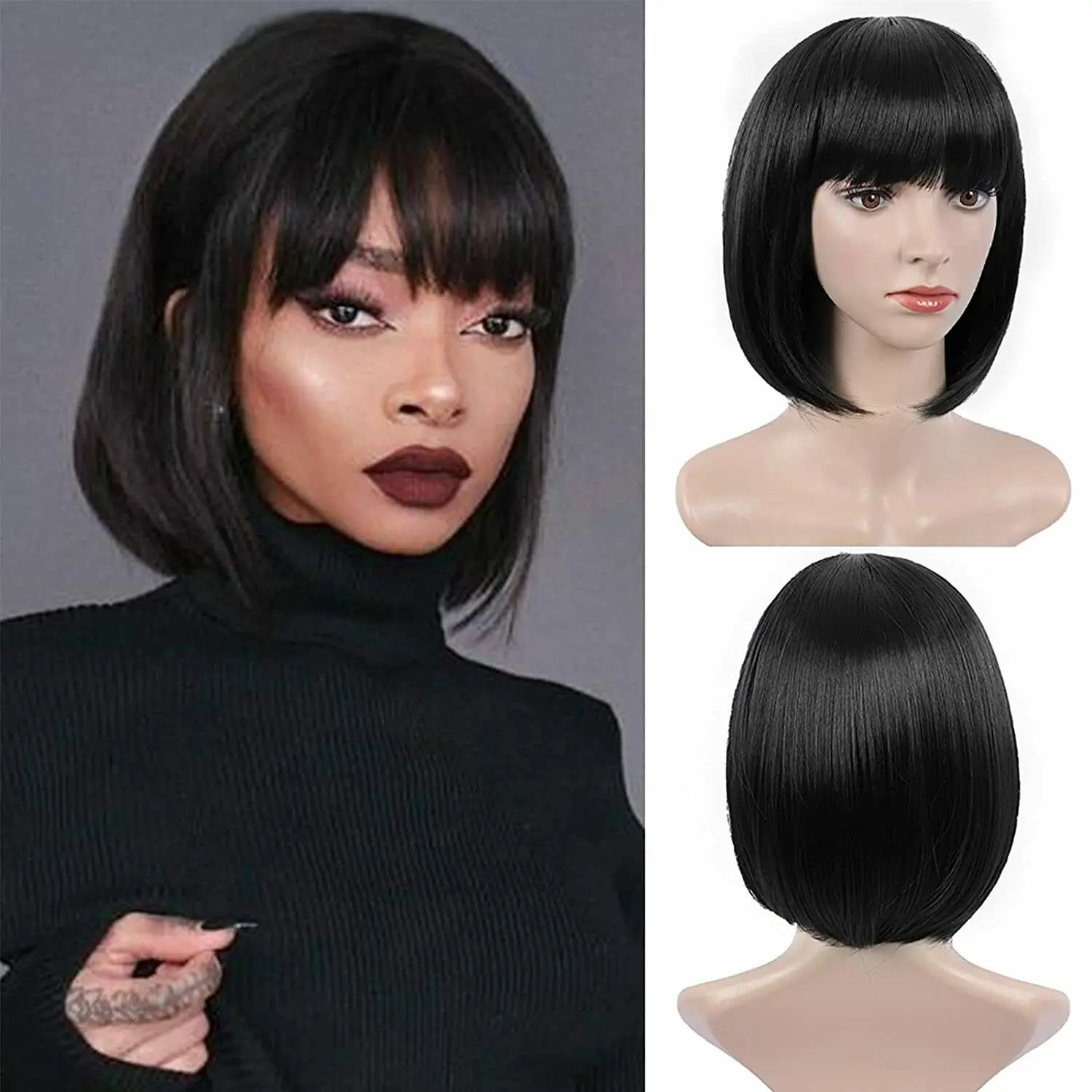 

Short Bob Human Hair Wigs with Bangs None Lace Front Wigs Brazlian Straight Hair Machine Made Bob Wig for Black Women