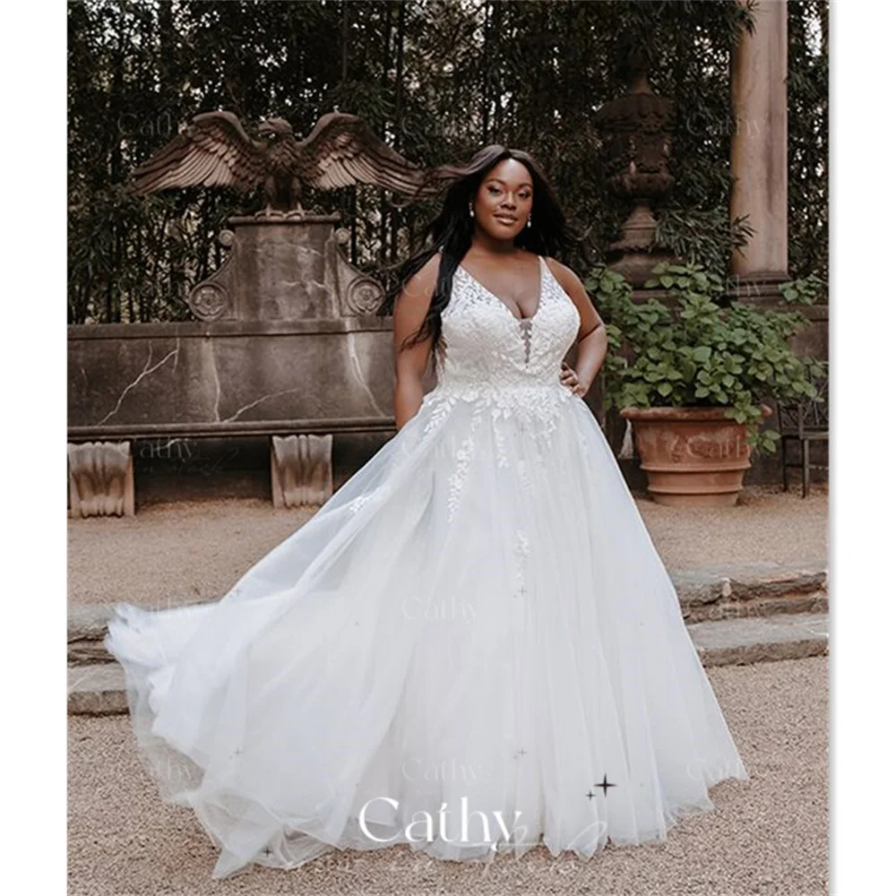 

Plus Size A-line Wedding Dress Grace Lace Embroidery Wedding Dress Deep V-neck Vestidos De Fiesta Sleeveless Robe De Mariée