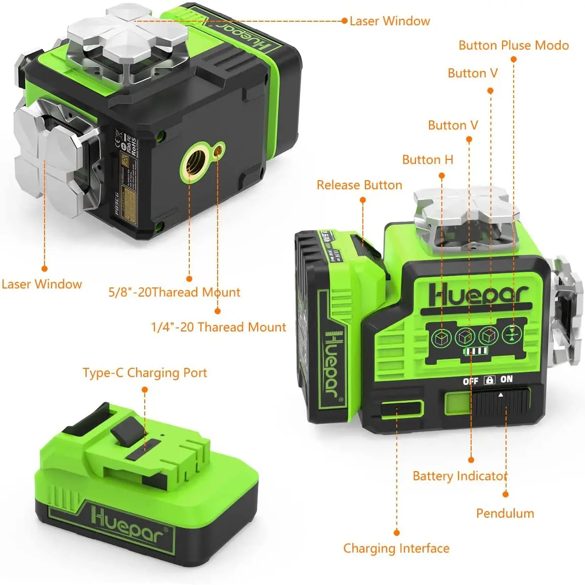 Huepar 3D Cross Line Лазерный уровень На открытом воздухе Самовыравнивающийся с Bluetooth и