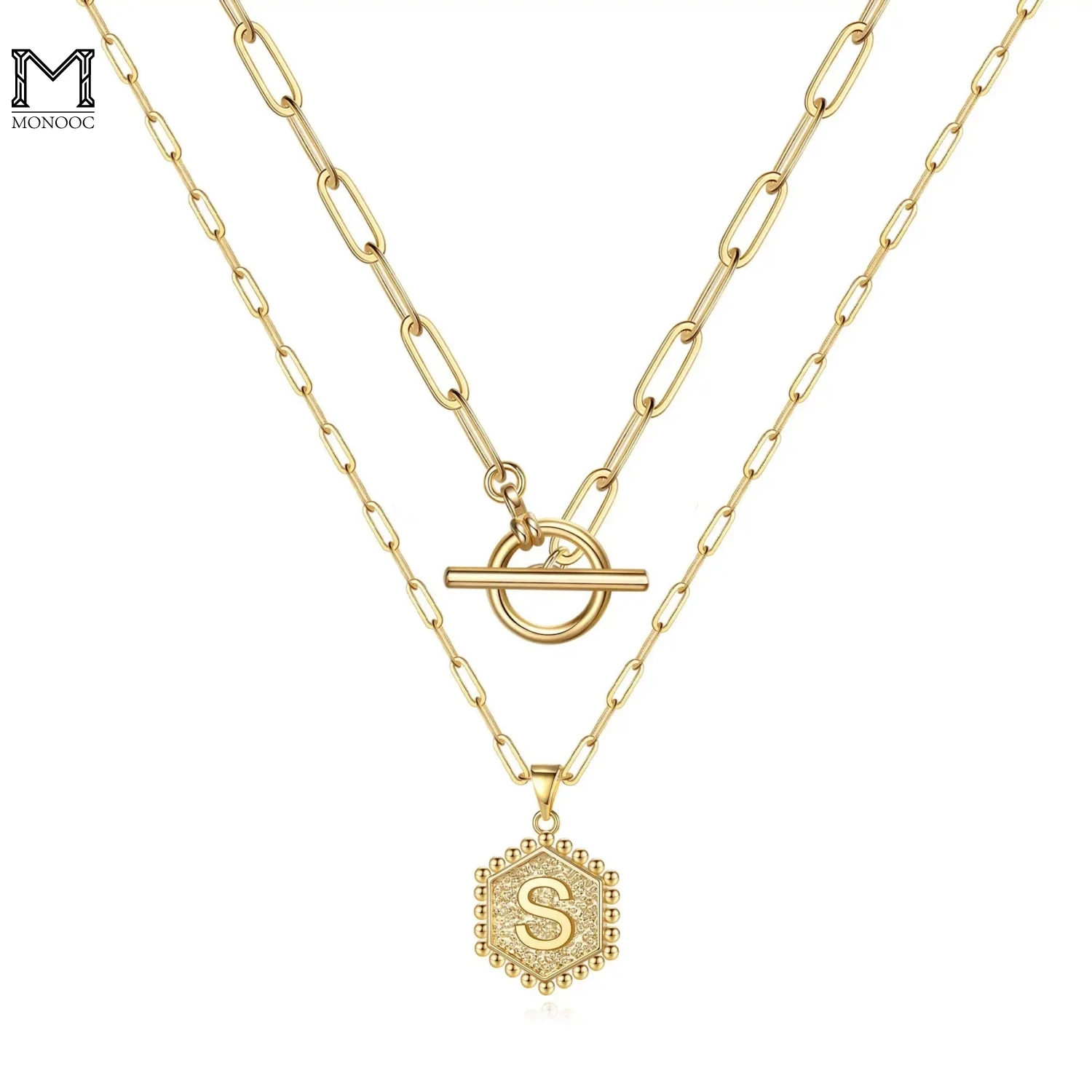 

MONOOC Gold Initial Necklaces for Women 14K Real Gold Plated Layered Necklace Hexagon Pendant Toggle Clasp Layering Gold Chain