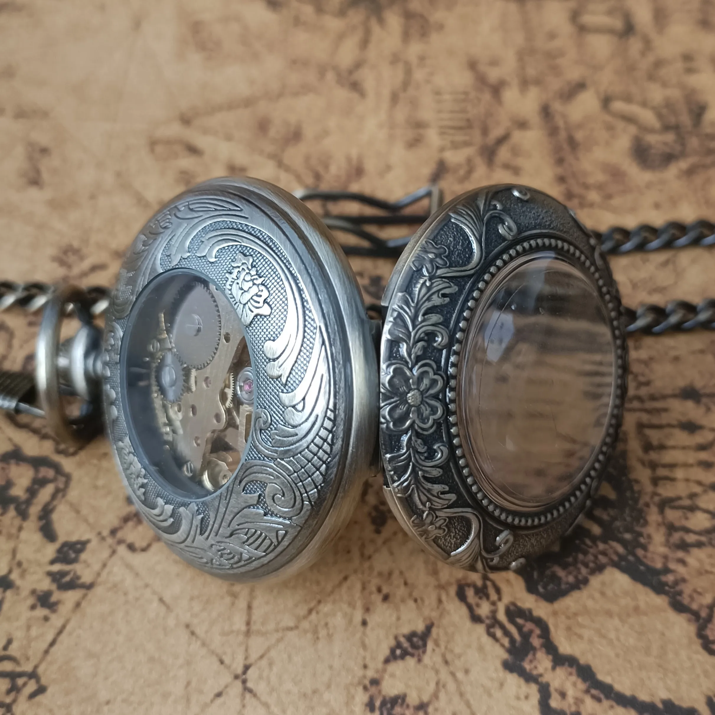 Luxury Mechanical Pocket Watch Mens Carving Transparent Glass Cover Winding Fashion Automatic Steampunk Exquisite Fob Watch Gift