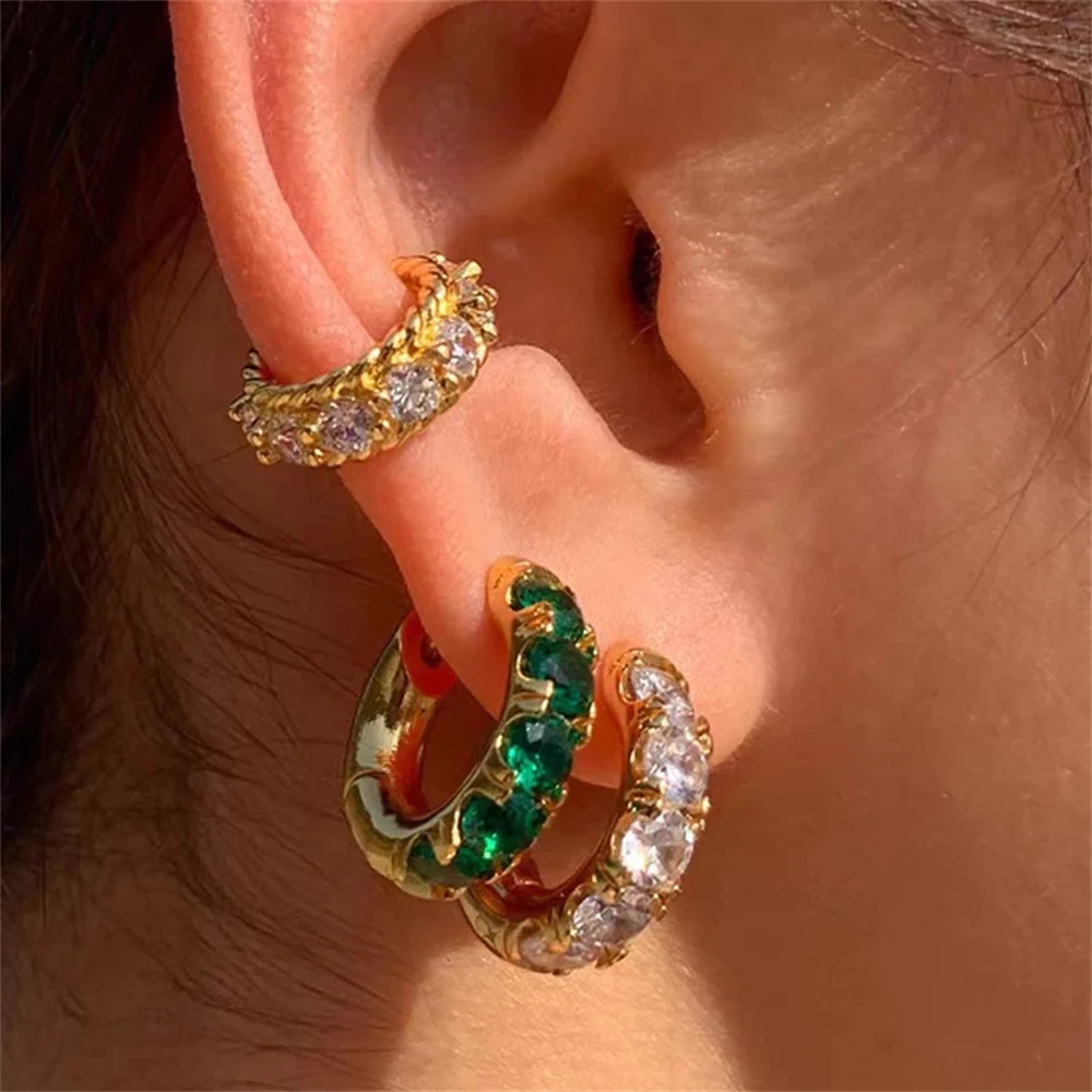 

Chunky Emerald Huggie Hoop Earrings Women's Stainless Steel Green Crystal Thick Mini Ring Earring Cubic Zircon Piercing Ear Cuff