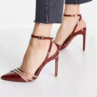 burgundy patent leather buckle strap high heel shoes pointed toe patchwork women dress shoes hollow thin heels runway shoes