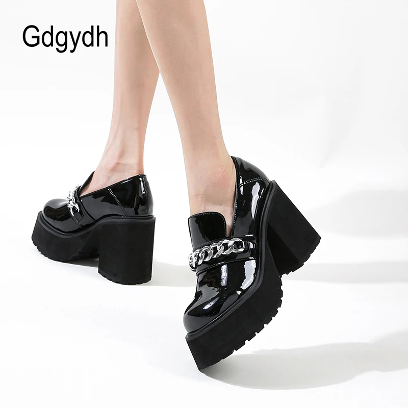 Gdgydh Platform Heels Womens Loafer Leather Slip-ons Round Toe Chunky Loafer Shoes Penny Casual Fashion Shoes with Chain