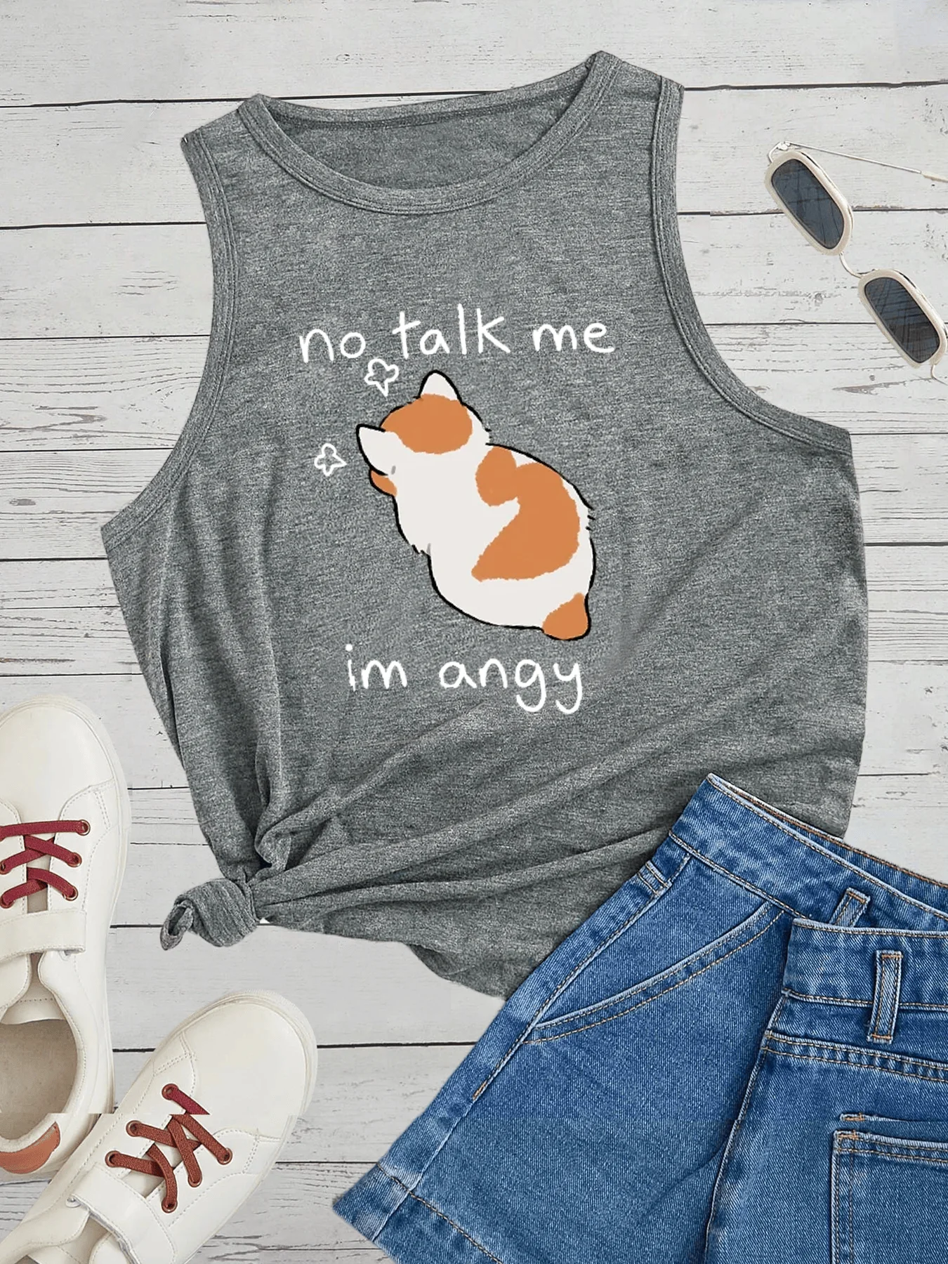 Женский Свободный Топ без рукавов с принтом кошки и круглым вырезом