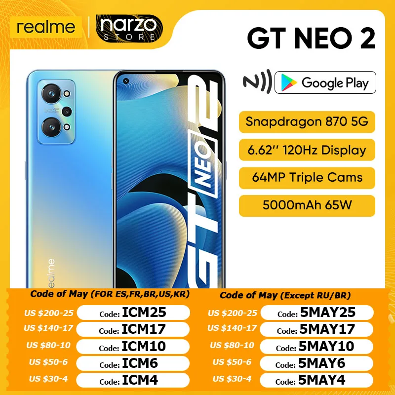 realme gt neo 2 5g snapdragon 870 octa core 8gb 256gb 6 62 120hz e4 amoled display 64mp ai triple camera 65w free global shipping