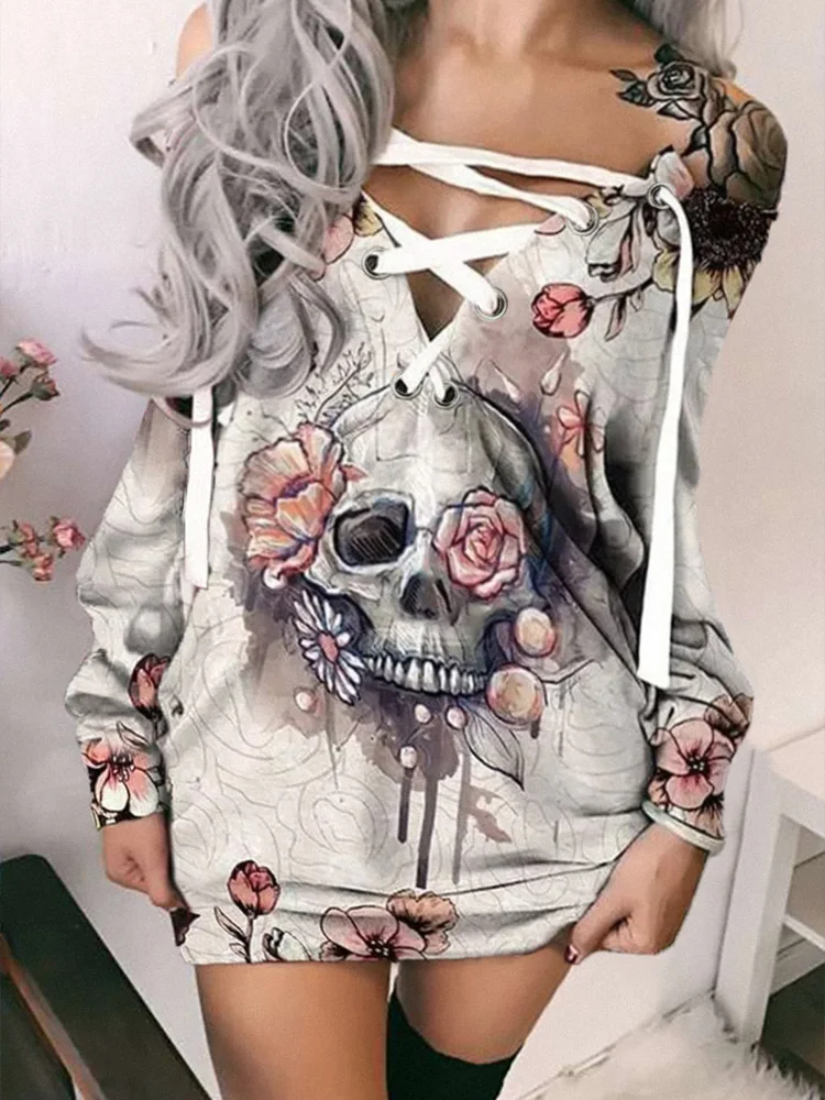 

Vintage Skull Rose Print Floral Skull Lace Up Sweatshirt Mini Dress Vestidos Autumn Winter Long Sleeve Lace Up Gothic Dress Robe