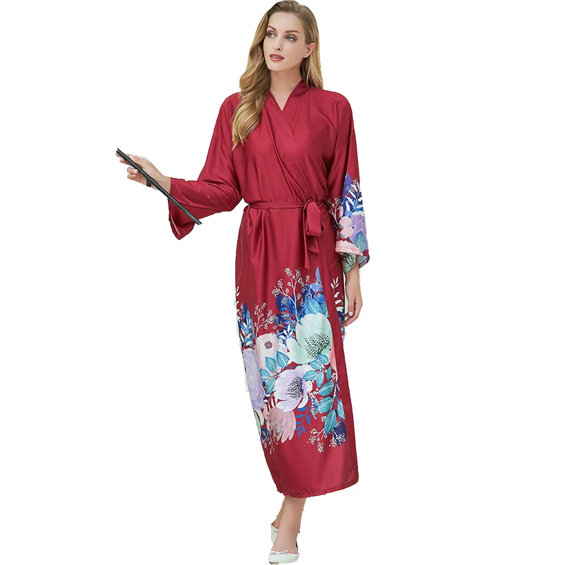 Robes Floral Style Satin Silk Robe Long Flower Printing Bride Robes Women Sleepwear Lady Bathrobe Home Wear