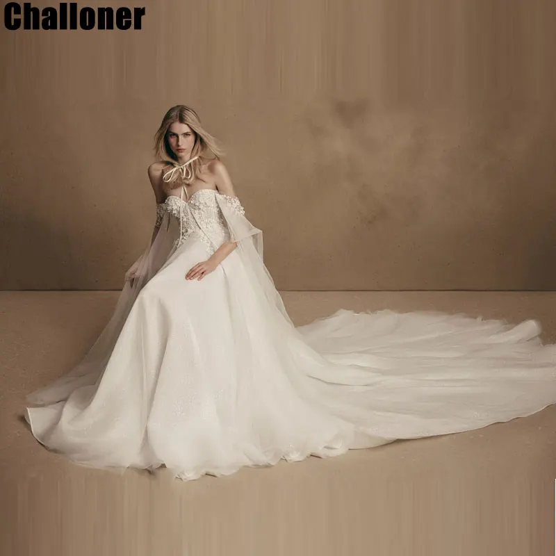

Off Shoulder Glitter Tulle Wedding Dresses Sweetheart Straps Bridal Gowns For Bride Robe De Mariée Modern Chepel Train For Women