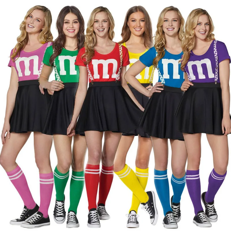 Фото Женский костюм M&M для взрослых, командные костюмы на Хэллоуин, женская футболка, черная юбка, комплект чулок для забавной вечеринки №1