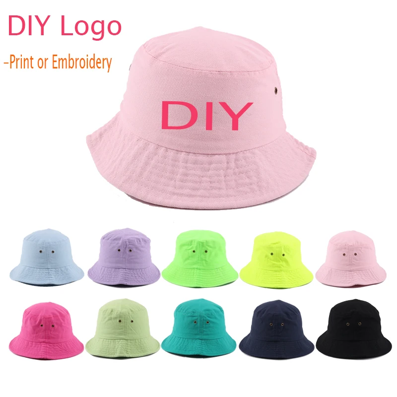 Custom Logo Print Embroidery Cotton Bucket Hats Women Summer Panama Hat for Men unisex Solid Color Fisherman Hat Beach Cap