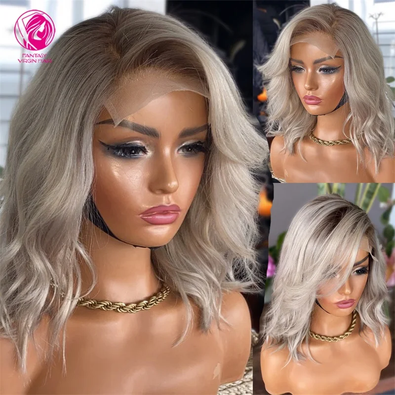 Short Bob Human Hair Wig White Platinum Blonde Highlights Lace Front Wig 13x4 Natural Wavy For Women Lace Wigs