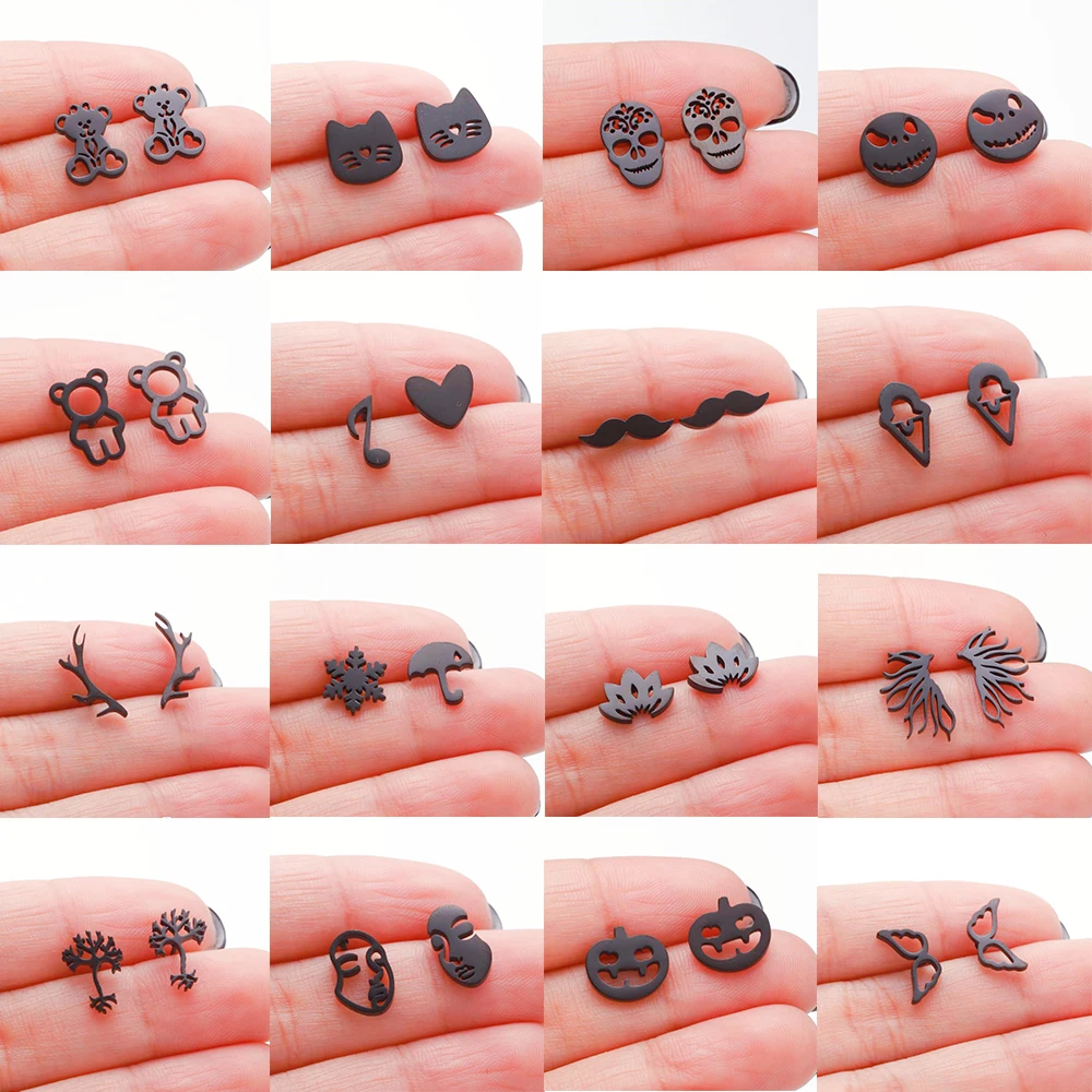 

Minimalist Stainless Steel Black Earrings For Women Cute Animal Bear Cartoon Ear Piercing Stud Earring Accessories Aretes