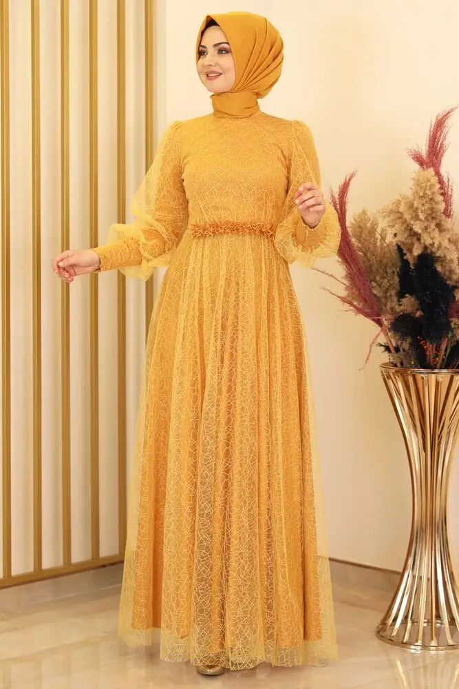 

Silvery Dimple Evening Dress Yellow-Fashion Showcase Design - FSC2134 Stylish Tasarım Hijab Fashion Muslim Evening Dress