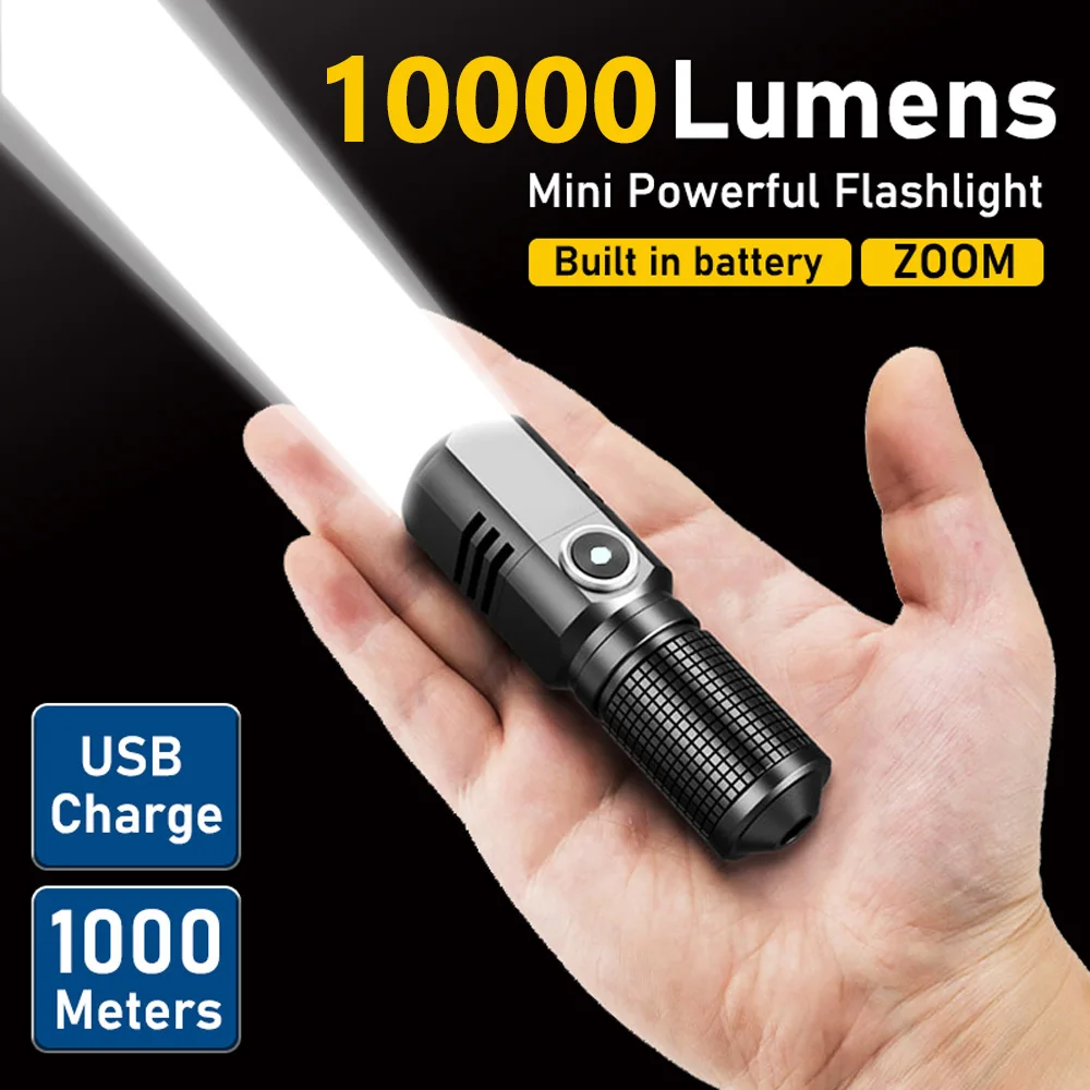 

10000 Lumens Mini Powerful Led Flashlight XHP50 Built in Battery 3 Modes Usb Rechargeable Flash Light EDC Torch Lamp Flashlights