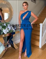 ms a line prom dresses blue satin one shoulder side high slit sleeveless sexy evening party gowns vestido de fiesta new fashion