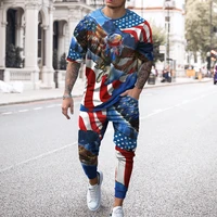 fashion simple male loose 3d flag print short sleeve suit summer sports casual round neck mens t shirt and trousers two piece s