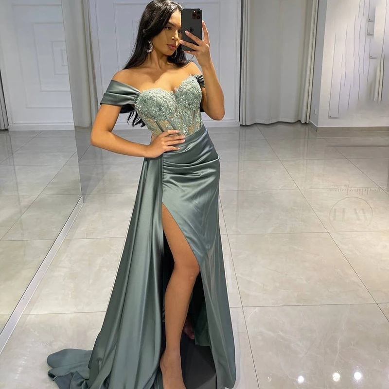 

HAOWEN Sweetheart Mermaid Evening Dresses Off The Shoulder Shiny Beading Floor-Length Court Prom Party Gowns Robe De Soiree