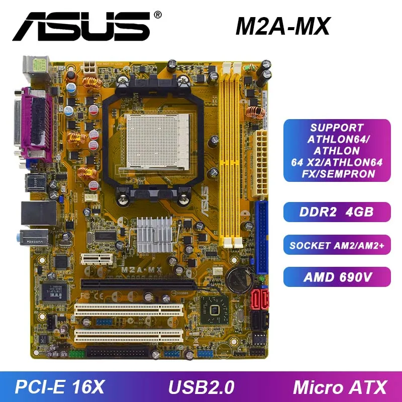 

Материнская плата AM2, Материнская плата ASUS M2A-MX, разъем AM2/AM2 + DDR2 4 Гб AMD 690V PCI-E 16X USB2.0 Micro ATX для Athlon 64 X2 4200 + процессор