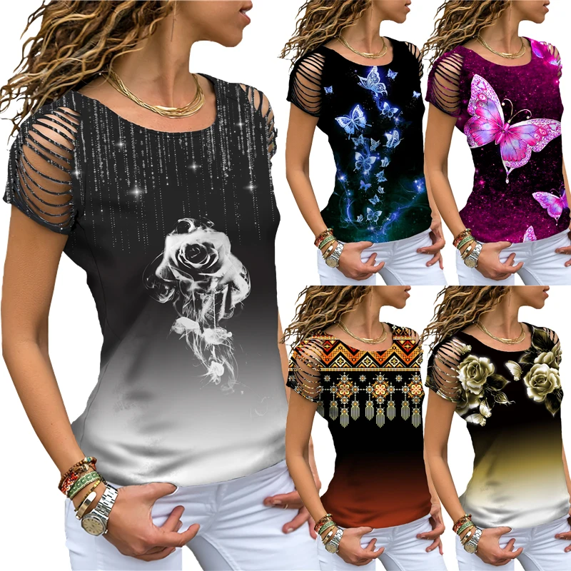 

Gradient Flower Butterfly Print Women's T Shirts 2022 Summer New Cut Out Shoulder Tops Short Sleeve O-Neck Hollow Ladies Clothes