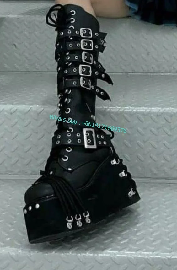 Gladiator Women Platform Wedges Buckle Rivet Boots Design Knee High High Heel Boots Ladies Fashion Lace up Leather Knight Shoes
