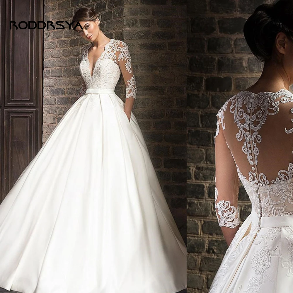 

RODDRSYA Elegant Lace Wedding Dress For Women Three Quarter V-Neck Bride Gowns Sweep Train Pockets Customize Robe De Mariee