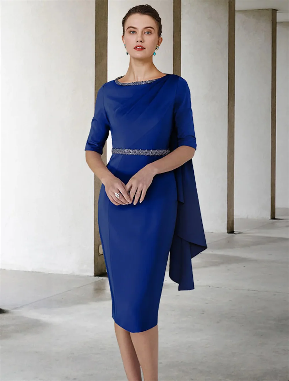 

Mother of the Bride Dress Elegant Jewel Neck Knee Length Stretch Chiffon Short Sleeve with Sash Ribbon Side-Draped