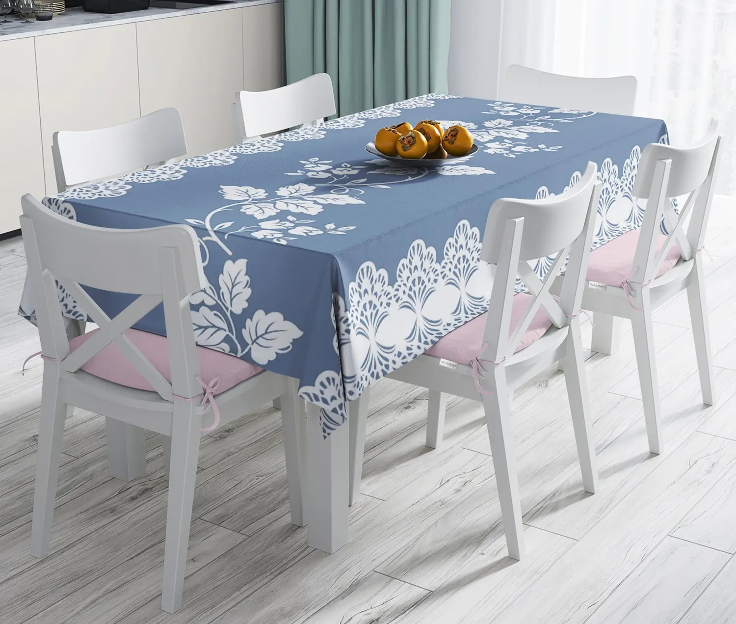 

Ivy Patterned Modern Stain Resistant Table Cloth on Blue Background ,3D Digital Printing, Laser Cut With Oriental Pattern