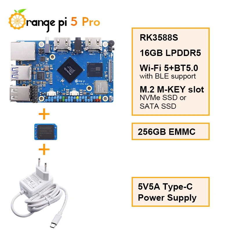 Одноплатный компьютер Orange Pi 5 Pro с блоком питания 5V5A Type-C и комплектом EMMC 256G RK3588S 16