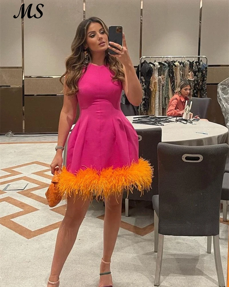 

MS A Line Pink Satin Evening Dress Sleeveless Draped With Orange Feathers Saudi Arabiaa Prom Gowns Vestido De Noche Plus Size