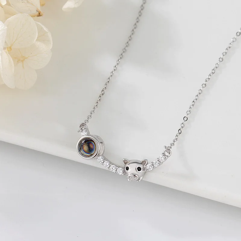 S925 Silver Cute Pig Customized Photos Projection Necklace 100 Languages I Love You Jewelry For Women Memory Gift To Girls