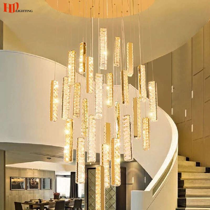 

Modern LED K9 Crystal Ceiling Chandeliers Living Room Chrome Long Stair Lamp Duplex Villa Hotel Kitchen Bedroom Indoor Lighting