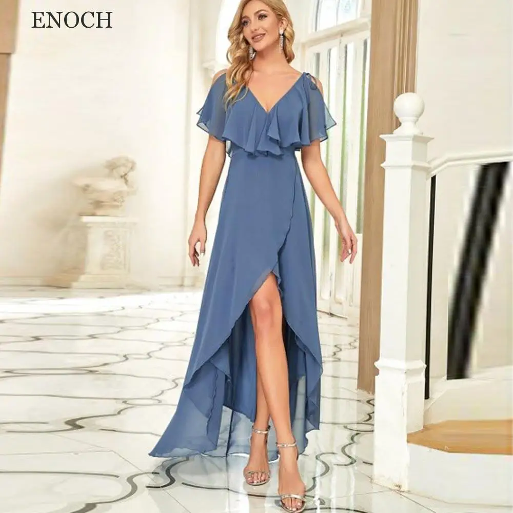 

ENOCH Beach V-Neck Chiffon Bridesmaid Dresses For Women 2023 High/Low Ruched Party Dresses Simple Backless Vestidos De Fiesta