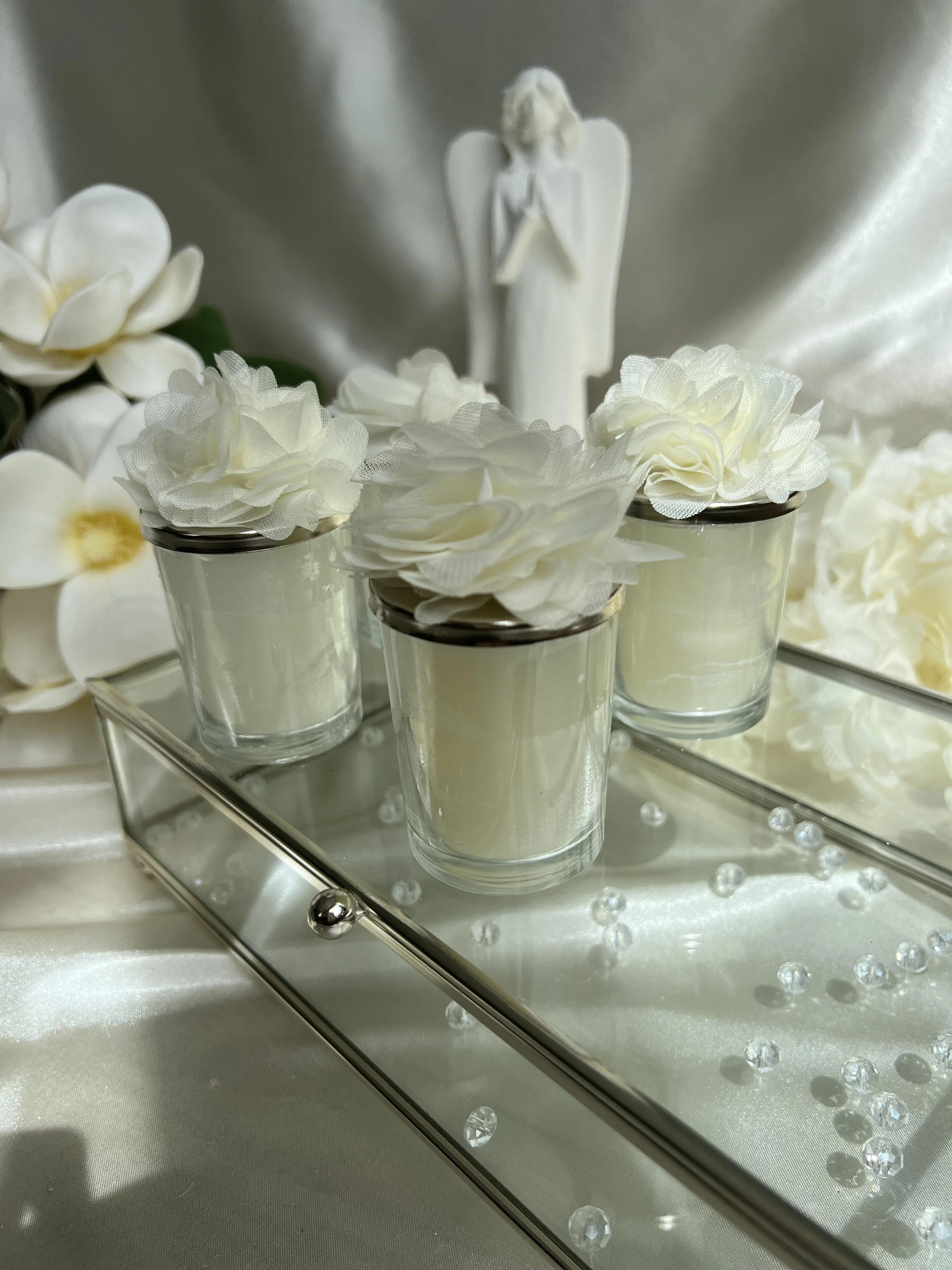

Свеча в виде белого цветка с крышкой, роскошная свеча, индивидуализированная Свеча для свадьбы, детского дня рождения, крещения, стеклянная свеча