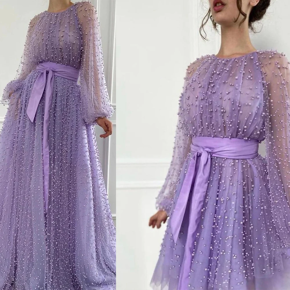 

Luxurious Evening Dresses Jewel Neck Long Sleeves Prom Birthday Dress Sash Beading Sweep Train Tulle Party Gowns Robes De Soirée