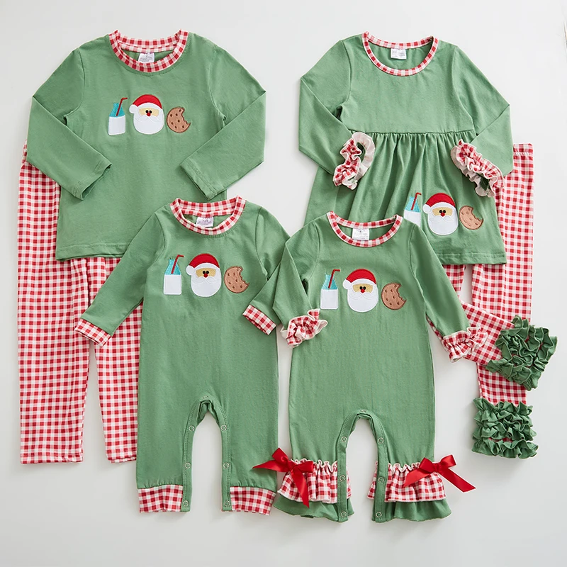 

Exclusive Girlymax Christmas Sibling Baby Girls Boys Gingerbread Santa Jesus Stripe Plaid Pants Set Ruffles Romper Top Clothing