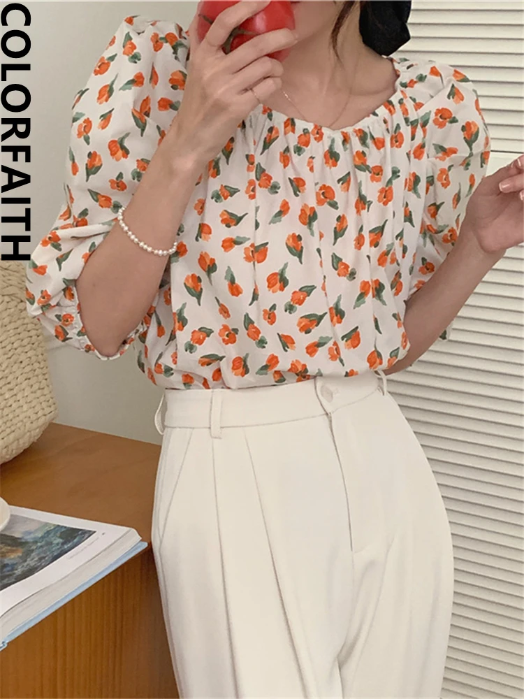 

Colorfaith New 2022 Chic Korean Fashion Vintage Shirts Floral Elegant Blouses Slash Neck Puff Sleeve Women Summer Tops BL9631