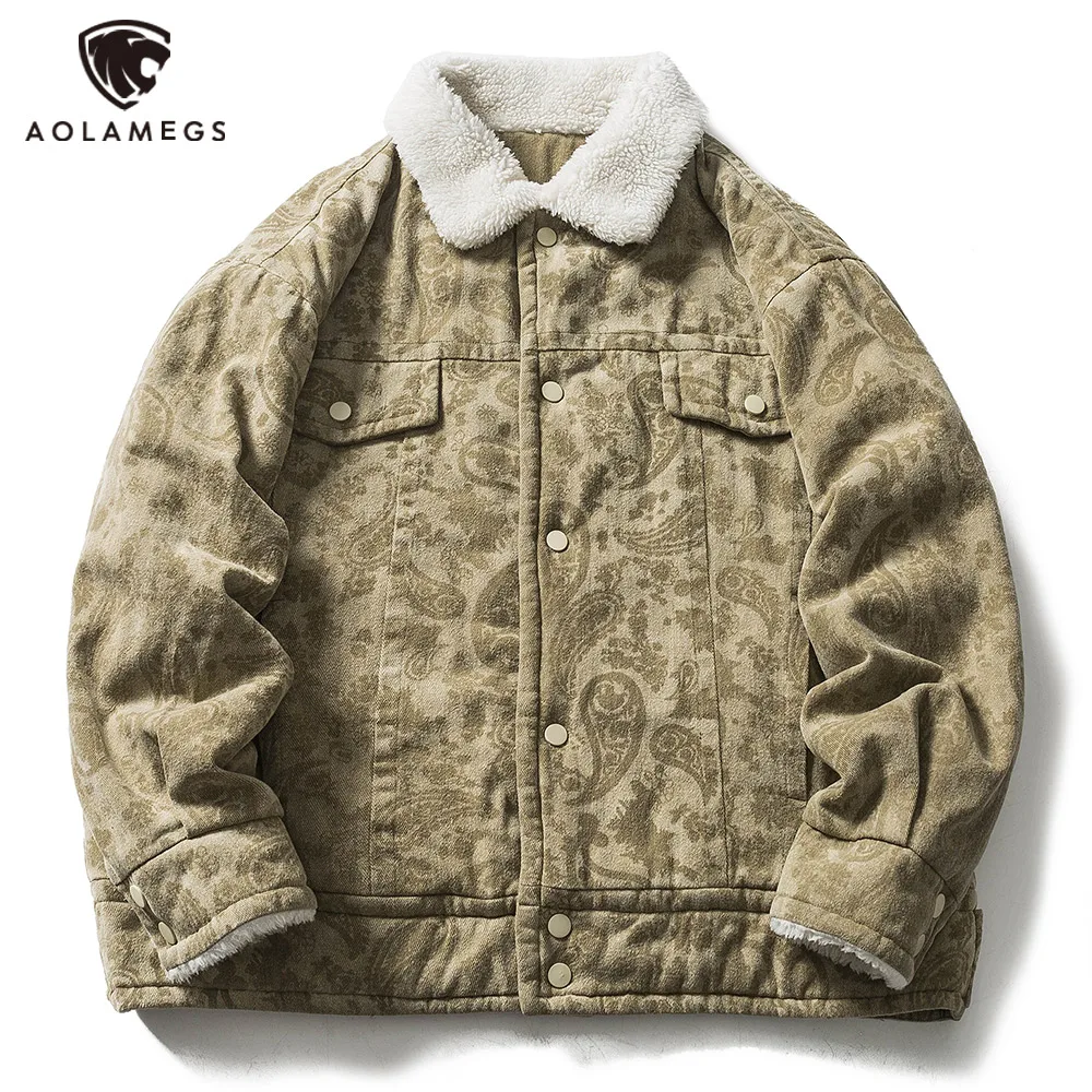 

Vintage Men’s Lamb Fleece Jacket Khaki Warm Denim Jacket Hip Hop Lapel Winter Coat Streetwear Casual Fashion Loose Men Outerwear