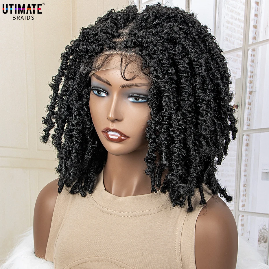 14 Inches Synthetic Lace Frontal Afro Kinky Curly Wig Short Dreadlock Wig Braide Wigs with Baby Hair for Black Women Daily Use