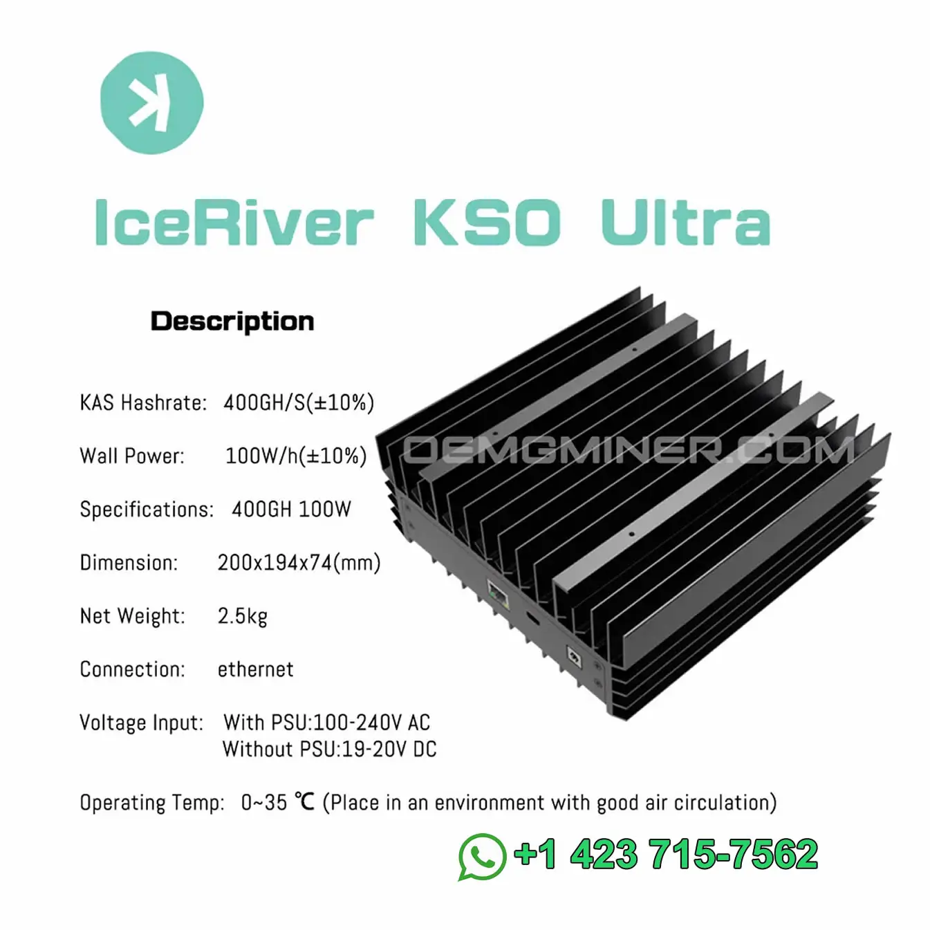 SM New IceRiver KS0 Ultra 400G 100W Kaspa KAS Asic Miner с блоком питания