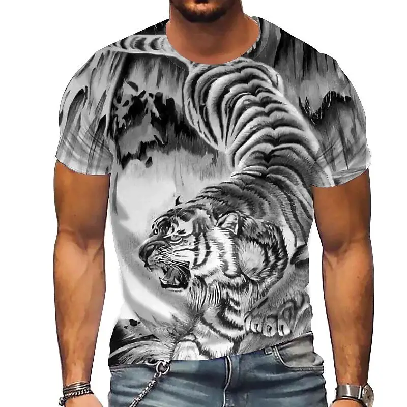

Men's Tee Animal Tiger Crew Neck Gray 3D Print Outdoor Street Short Sleeve Print Clothing Apparel Sport Fashion Sportswear Casua