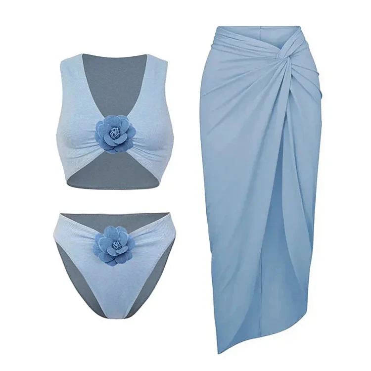 

2023 New Fashion 3D Flower Color Block V Neck Bikini Swimsuit and Skirt Summer Swimwear Women Beachwear Bathing Suit