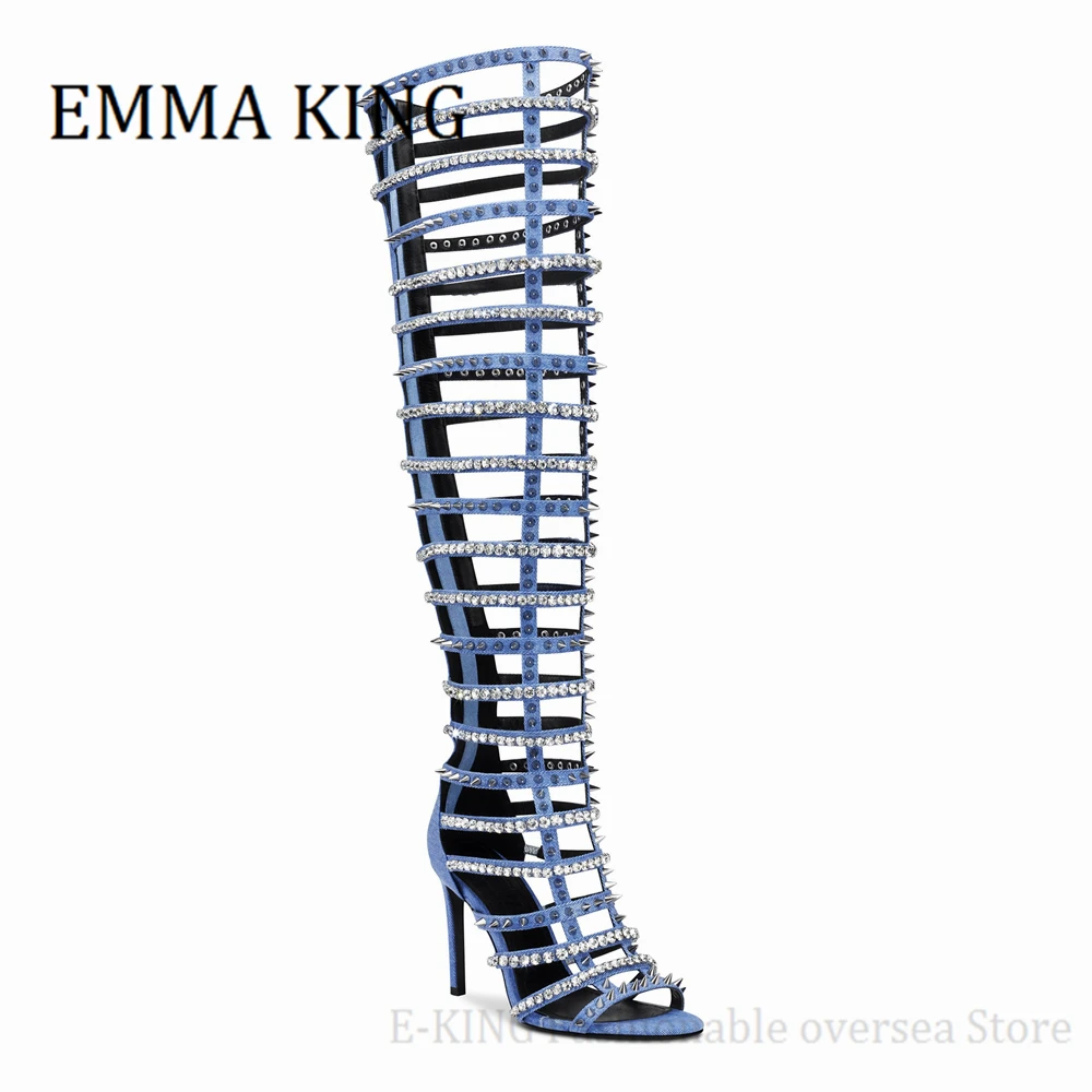 Женские босоножки-гладиаторы на шпильке синие джинсовые Босоножки с открытым