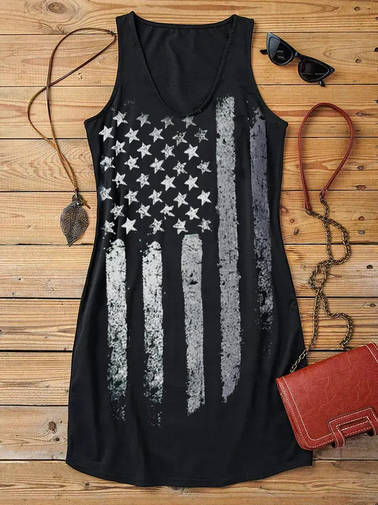 

American Flag Graphic Tank Dress for Women Star Striped Summer V Neck July 4th USA Flag Patriotic Mini T Shirts Dresses Holiday