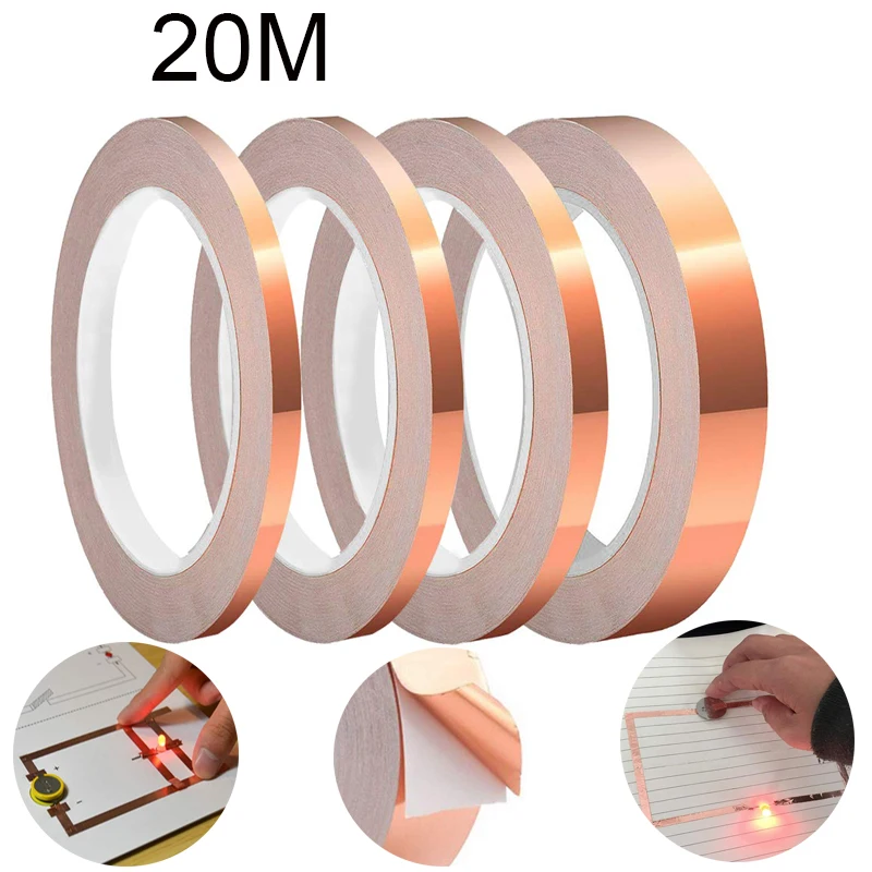 20 Meters Single Side Conductive Copper Foil Tape Strip Adhesive  Shielding Heat Resist Tape 2mm 3mm 4mm 5mm 6mm 8mm 10mm