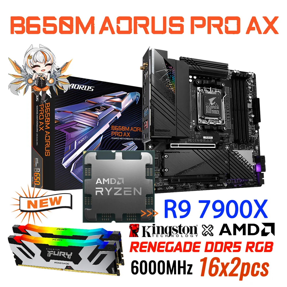 

Игровая материнская плата AMD RYZEN CPU Kit GIGABYTE B650M AORUS PRO AX + процессор RYZEN 9 7900X + KINGSTON 6000 МГц 32 Гб RGB RAM Combo New，Socket AM5 Micro ATX Материнская плата AMD Ryzen CPU 16GBx2PCS