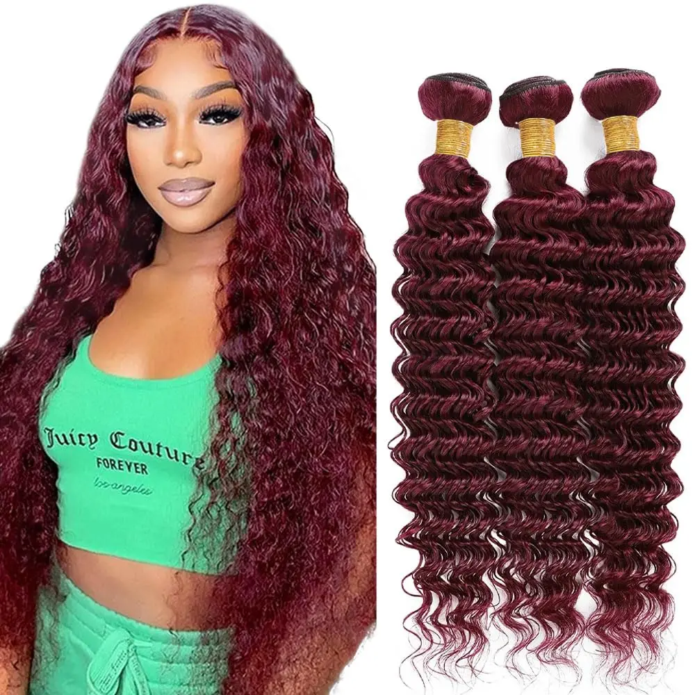 Бордовые пучки 99J Пучки человеческих волос с глубокими волнами Винно-красные