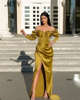 ms a line evening gowns brown satin off the shoulder sweetheart with beads saudi arabia side high slit vestido de noche dubai