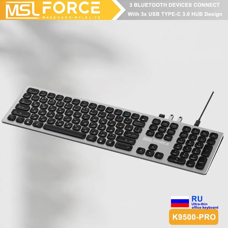 USB TYPE C 3.0 HUB with Bluetooth Keyboard Russian Layout Full Size Office BT Keyboard For 3 Device iMac Mac Windows Android OS